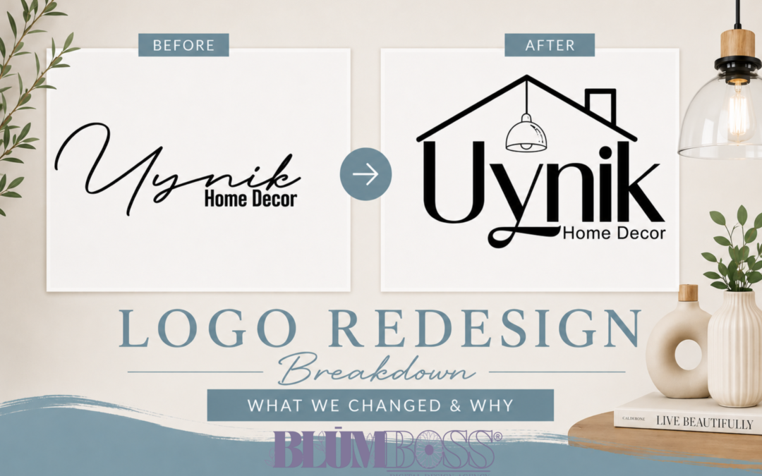 Before and after Uynik Home Decor logo redesign showing improved readability, typography, and home decor branding elements.