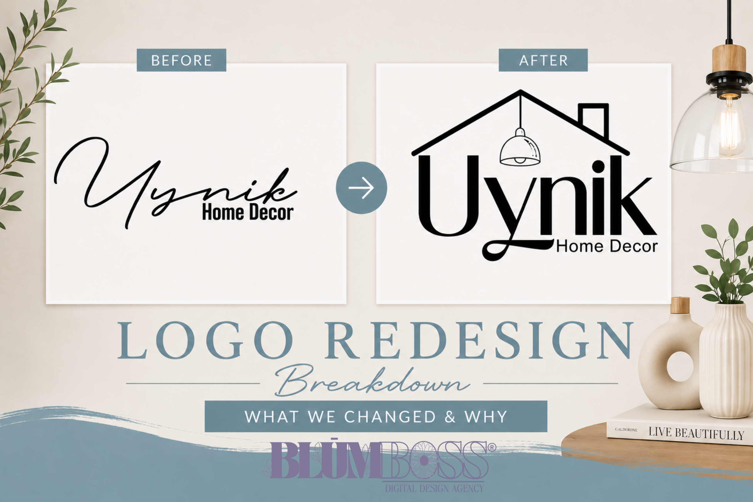 Before and after Uynik Home Decor logo redesign showing improved readability, typography, and home decor branding elements.